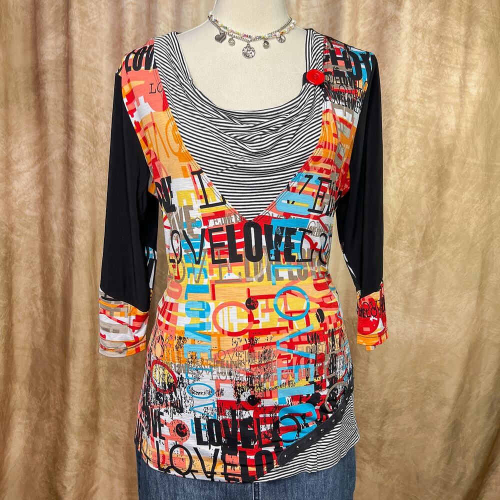 Vintage Euro Top 90s Graphic Print Multicolor 3/4 Sleeve Patchwork Striped Indie
